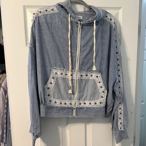 POL Large Denim and Lace Hooded Zip-Front Jacket NEW
